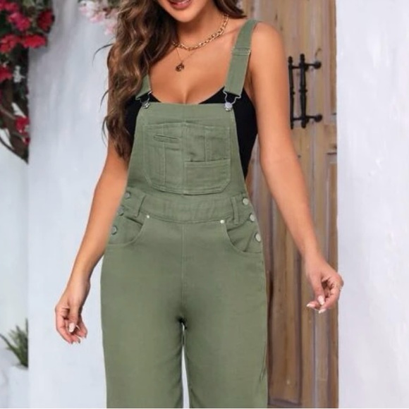💫SHEIN Womens with Patch Jeans Salopette Green - Picture 4 of 5